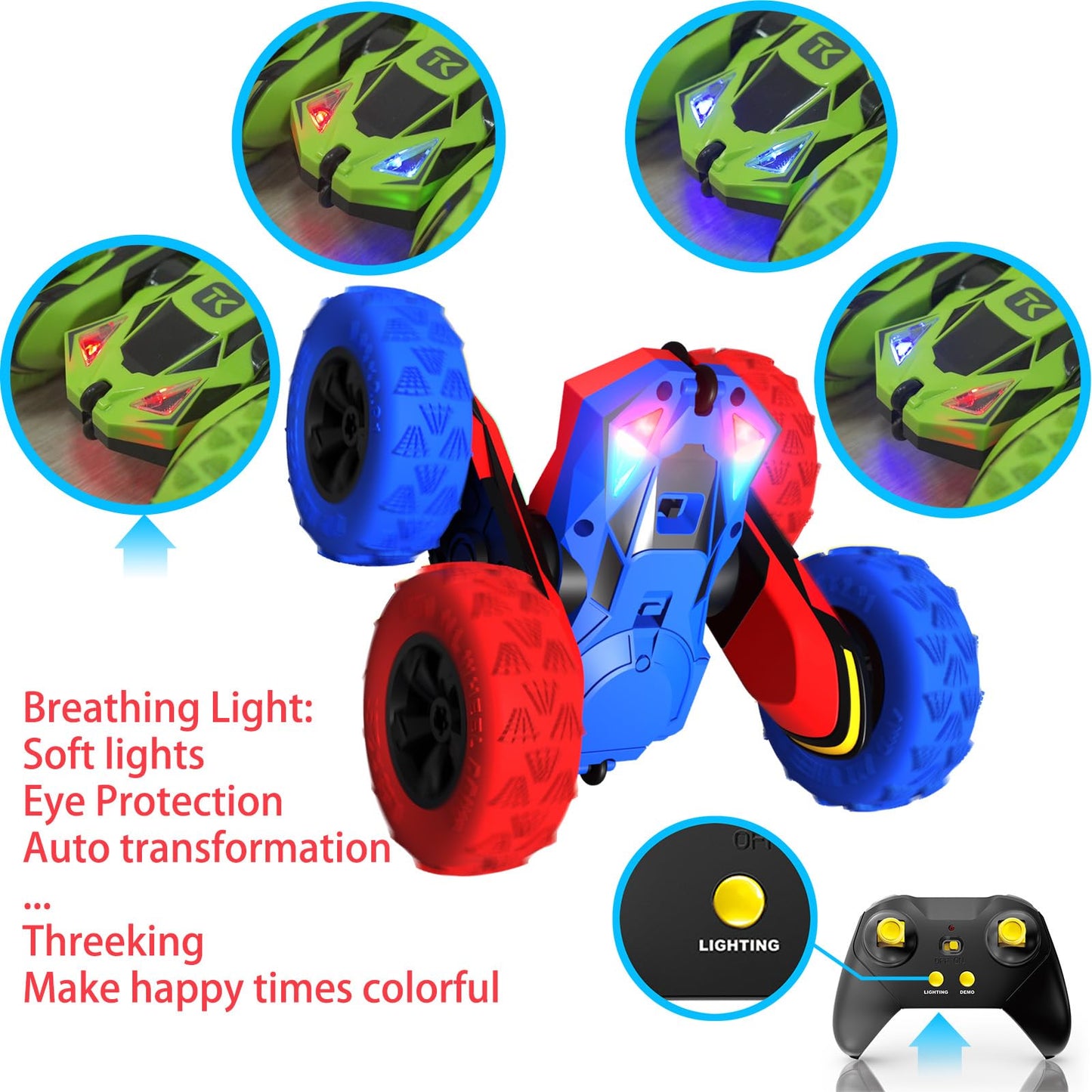 Threeking RC Stunt Cars Remote Control Car Double-Sided Driving 360-degree Flips Rotating Car Toy, Green Nirvana Guru