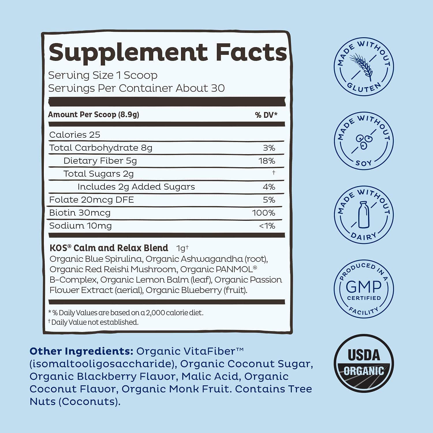 KOS Calming Blue Spirulina Blend- USDA Certified Organic - Algae Superfood Powder with Ashwagandha Root, Lemon Balm, Reishi Mushroom, B Vitamins - Berry Coconut Cooler Flavor, 28 Servings - Nirvana Guru