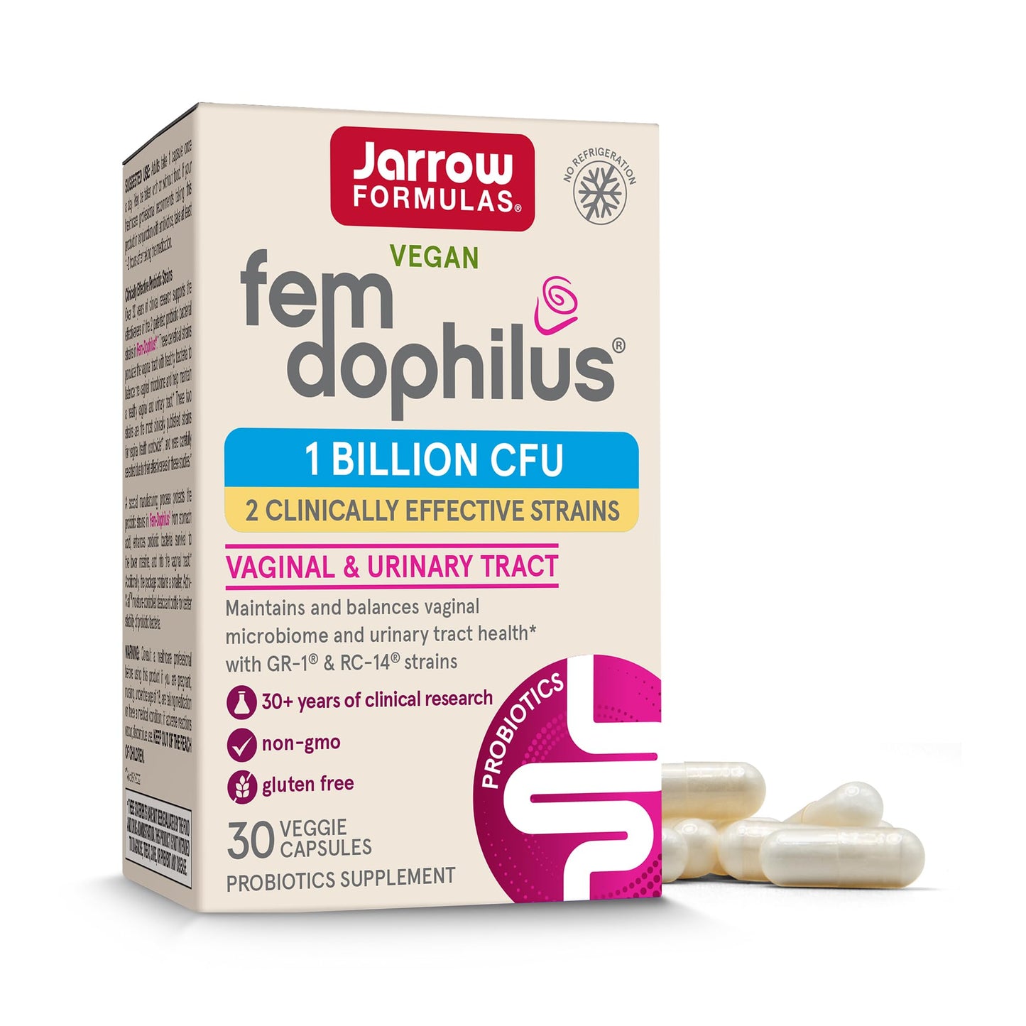 Jarrow Formulas Fem-Dophilus Probiotics 1 Billion CFU With 2 Clinically Effective Strains, Dietary Supplement for Vaginal Health and Urinary Tract Health, 60 Veggie Capsules, 60 Day Supply - Nirvana Guru