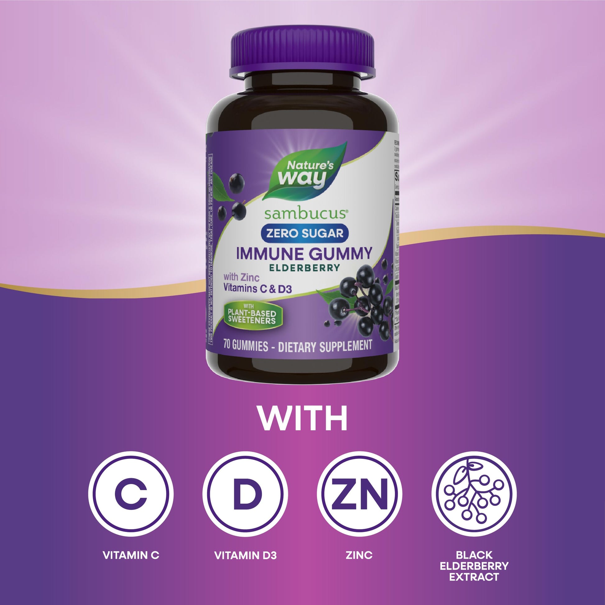 Nature's Way Sambucus Zero Sugar Immune Gummies, Daily Immune Support*, Black Elderberry Extract, Vitamin C, Vitamin D3, Zinc, Sugar Free, Sugar Alcohol Free, Plant-Based Sweeteners, 70 Gummies - Nirvana Guru