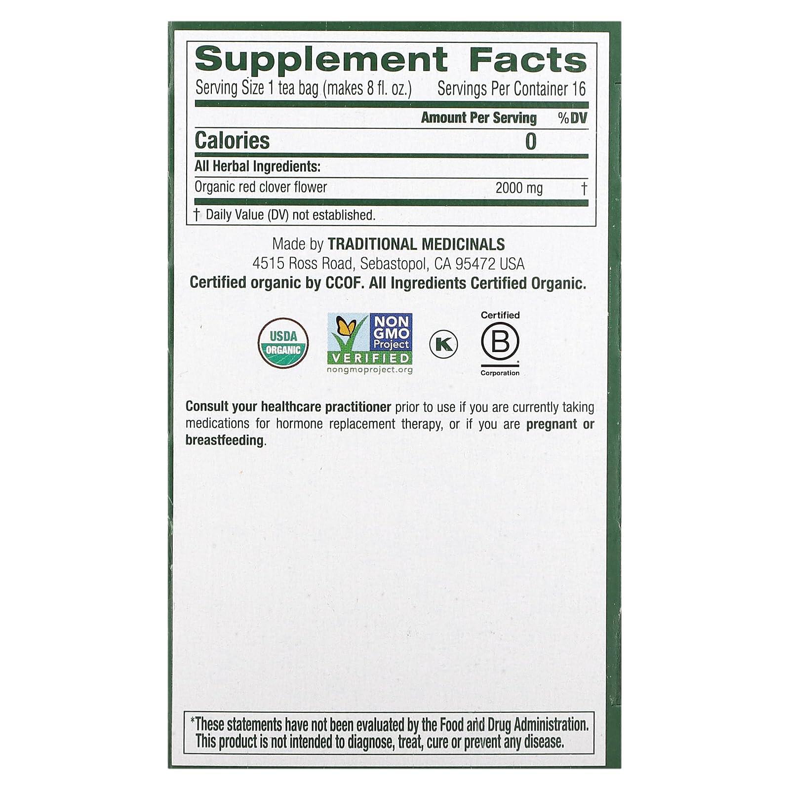Traditional Medicinals Organic Red Clover, Caffeine Free, 16 Wrapped Tea Bags, 1.13 oz (32 g) - Nirvana Guru