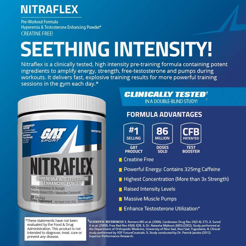 GAT SPORT Nitraflex Advanced Pre-Workout Powder, Increases Blood Flow, Boosts Strength and Energy, Improves Exercise Performance, (Blue Raspberry, 30 Servings) Nirvana Guru