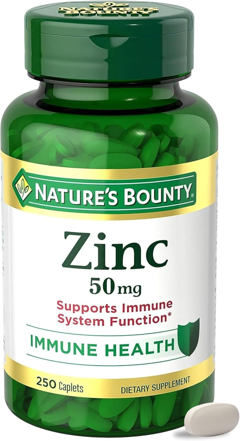 Nature's Bounty Zinc 50mg, Immune Support & Antioxidant Supplement, Promotes Skin Health, 1 Caplet Per Day, Gluten Free, 250 Vegetarian Caplets
