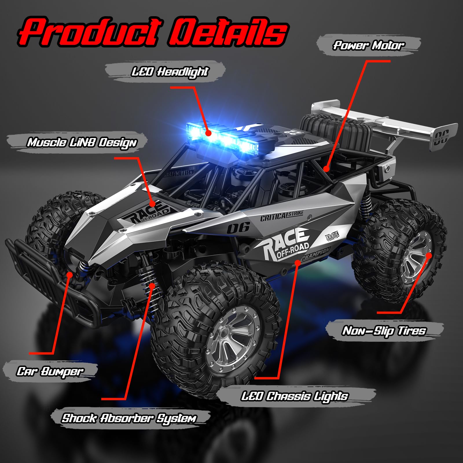 BLUEJAY Remote Control Car, 2.4GHz High Speed 33KM/H RC Cars Toys, 1:12 Monster RC Truck Off Road with LED Headlight and Rechargeable Battery Gifts for Adults Boys 8-12 Nirvana Guru