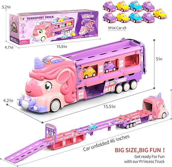 Car Toys for 3 4 5 6 7 Year Old Toddler Girl, Unicorn Toys Truck & Foldable Race Track W/Light & Sound, Friction Power Toy Cars W/ 9 Princess Cars, Birthday Gift for Kids Girls Age 4-6 nirvanaguru
