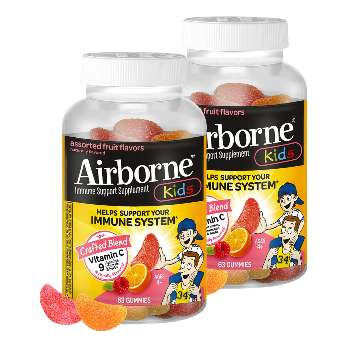 Airborne Vitamin C 500mg (per Serving) - Assorted Fruit Flavored Kids Gummies (63 Count in a Bottle), Gluten-Free Immune Support Supplement with Vitamins C E, Selenium Nirvana Guru