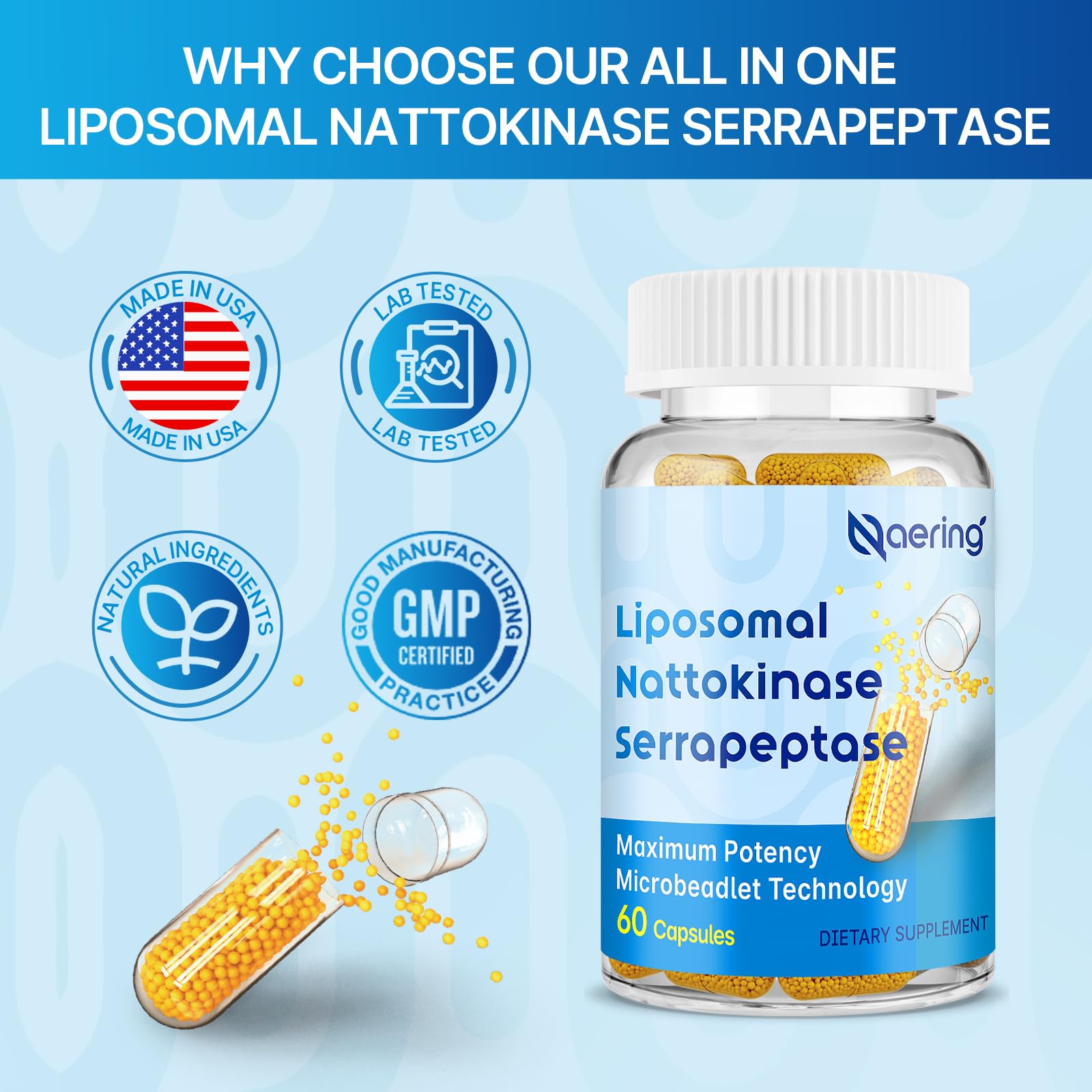 Liposomal Nattokinase 12,000 FU Serrapeptase 360,000 SPU Enzyme Supplement - Enriched with Synergistic Enzymes and Nutrient Blend & Inulin for Circulatory, Gut, Digestion 60 Capsules (1 Bottle) Nirvana Guru