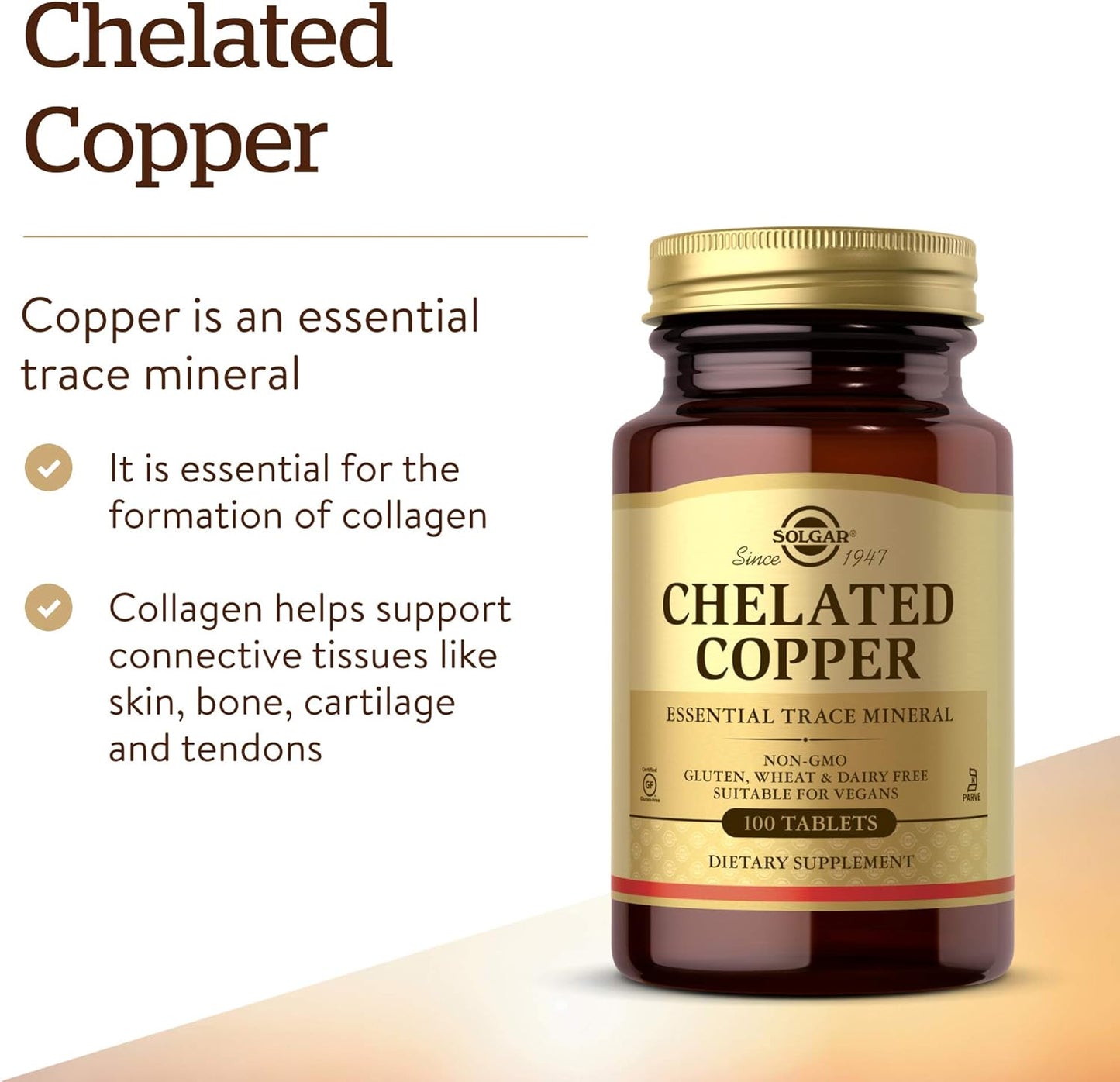 Solgar Chelated Copper, 100 Tablets - Essential for Collagen Formation - Highly Bioavailable Form - Supports Connective Tissue - Non-GMO, Vegan, Gluten Free, Dairy Free, Kosher - 100 Servings - Nirvana Guru