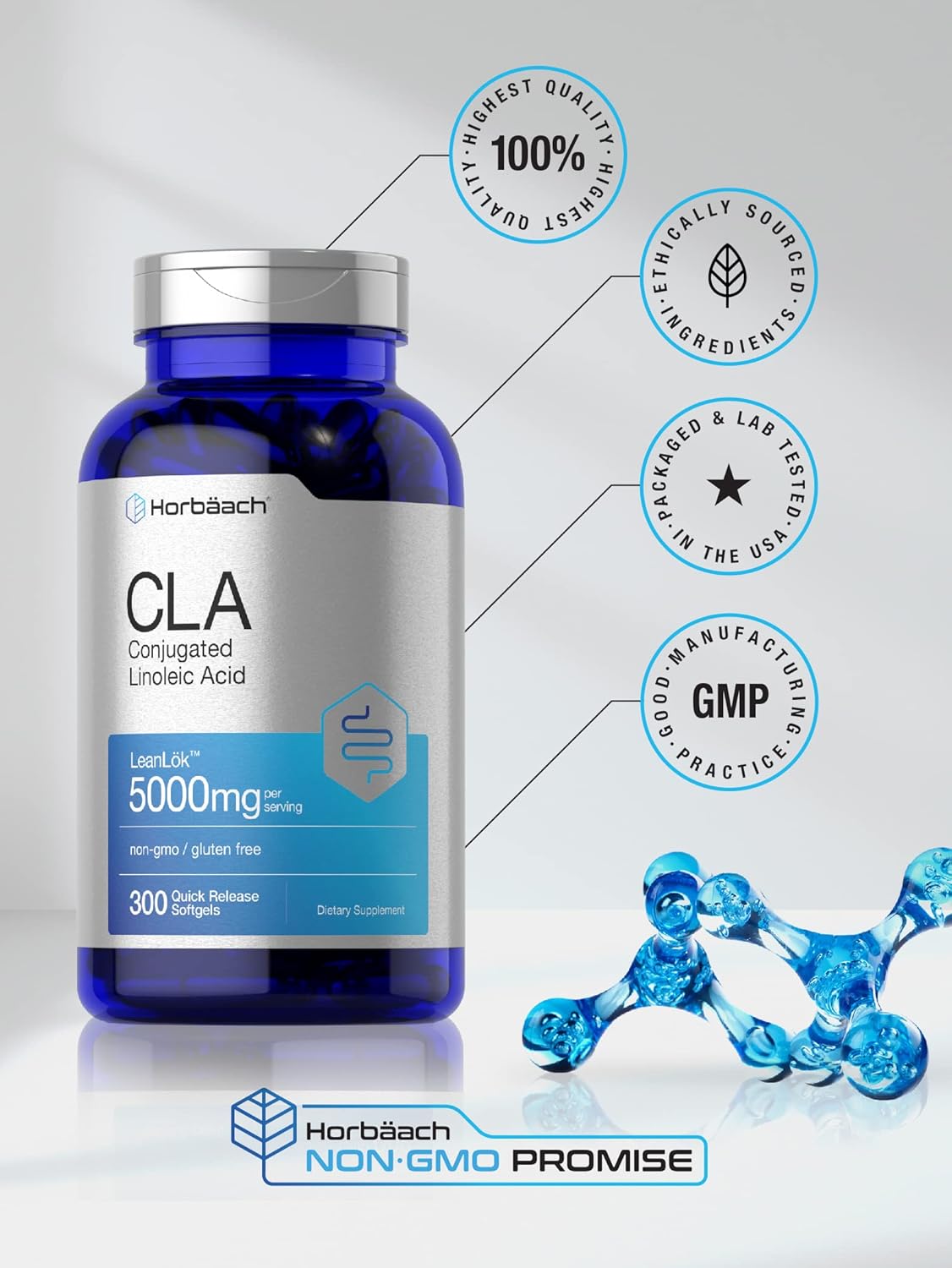 Horbäach CLA Supplement | 300 Softgel Pills | Maximum Potency | Conjugated Lineolic Acid from Safflower Oil | Non-GMO, Gluten Free - Nirvana Guru