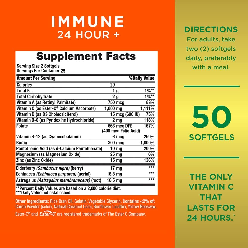 Nature's Bounty Immune 24 Hour +, The only Vitamin C with 24 Hour Immune Support from Ester C, Rapid Release Softgels, 50 Count Nirvana Guru