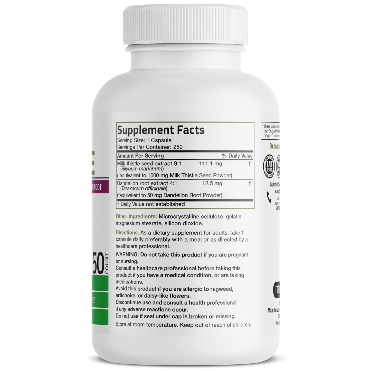 Bronson Milk Thistle Silymarin Marianum & Dandelion Root Liver Health Support, Antioxidant Support, Detox, 120 Capsules