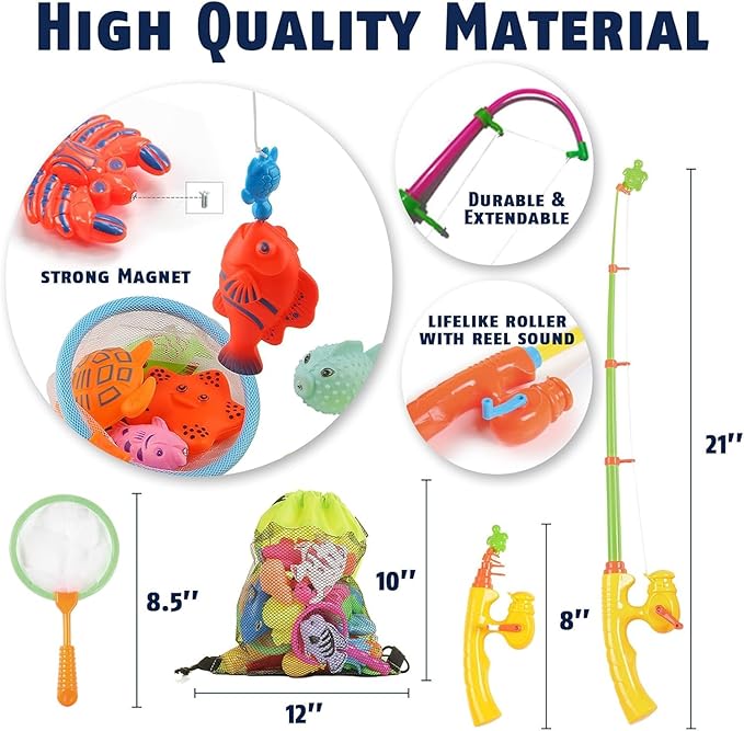 CozyBomB™ Magnetic Fishing Toys Game Set for Kids | Water Table Bathtub Kiddie Pool Party & Pole Rod Net, Plastic Floating Fish Toddler Color Ocean Sea Animals Birthday Age 3 4 5 6 Year nirvanaguru