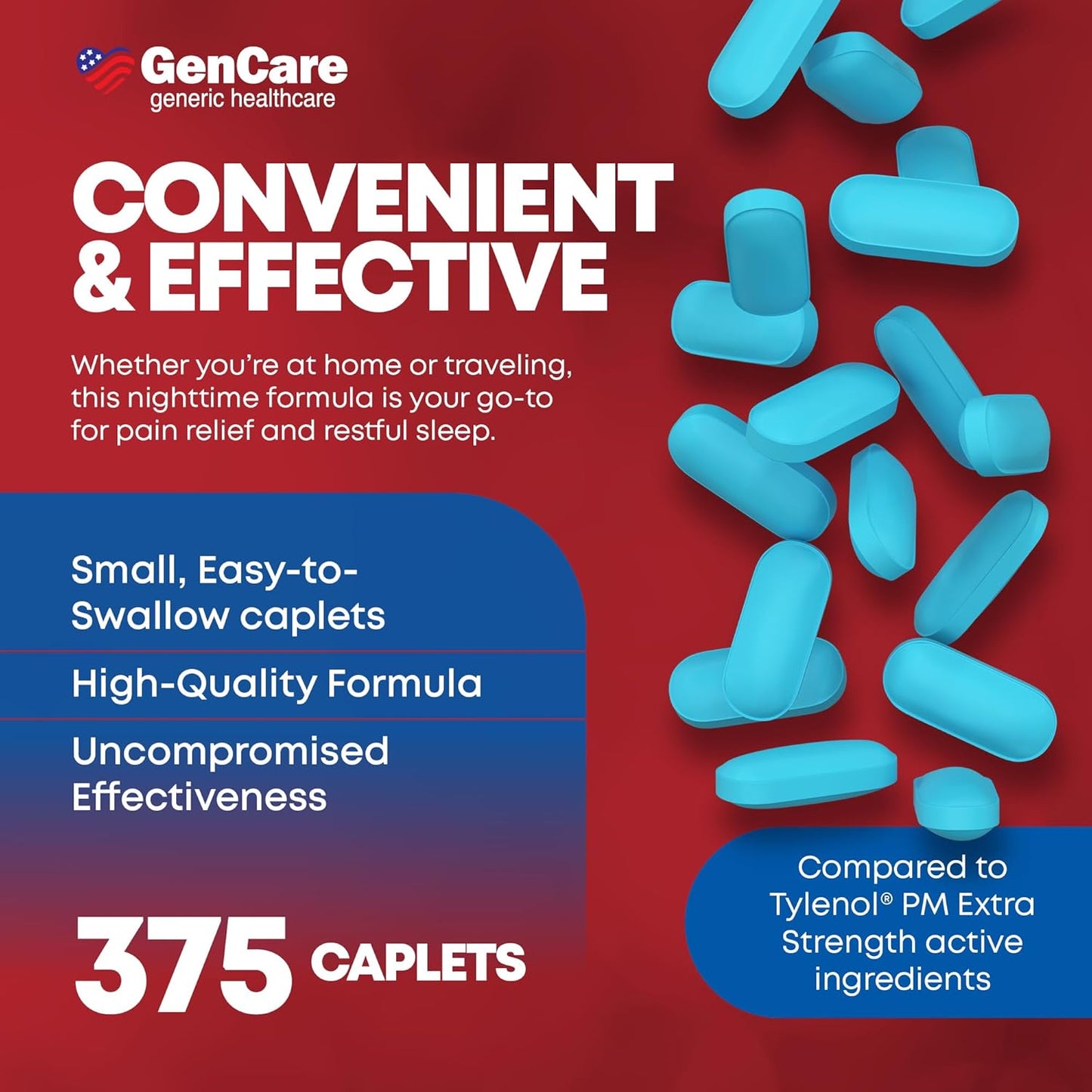 GenCare Extra Strength Acetaminophen PM 500 mg (375 Tablets) | Ultimate Pain Relief & Sleep Support for Adults | Quick Acting & Non Habit Forming Headache Relief | Eases Aches & Joint Discomfort
