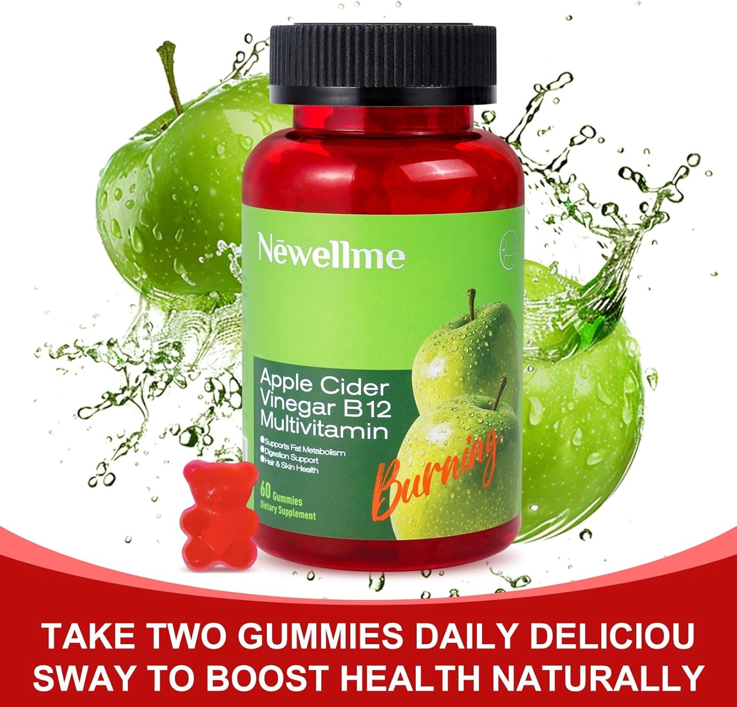 NEWELLME Apple Cider Vinegar Gummies B12 Multivitamin,ACV Supplement Gummy Vitamins,Non GMO, Vegetarian Supplement for Women & Men,Support Normal Energy Levels & Gut Health 30 Gummies (60)