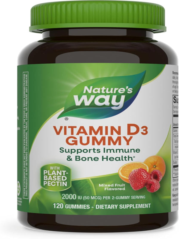 Nature's Way Vitamin D3 Gummies, Supports Immune and Bone Health*, 2000 IU (50 mcg) per 2-gummy Serving, Mixed Fruit Flavored, 120 Gummies - Nirvana Guru