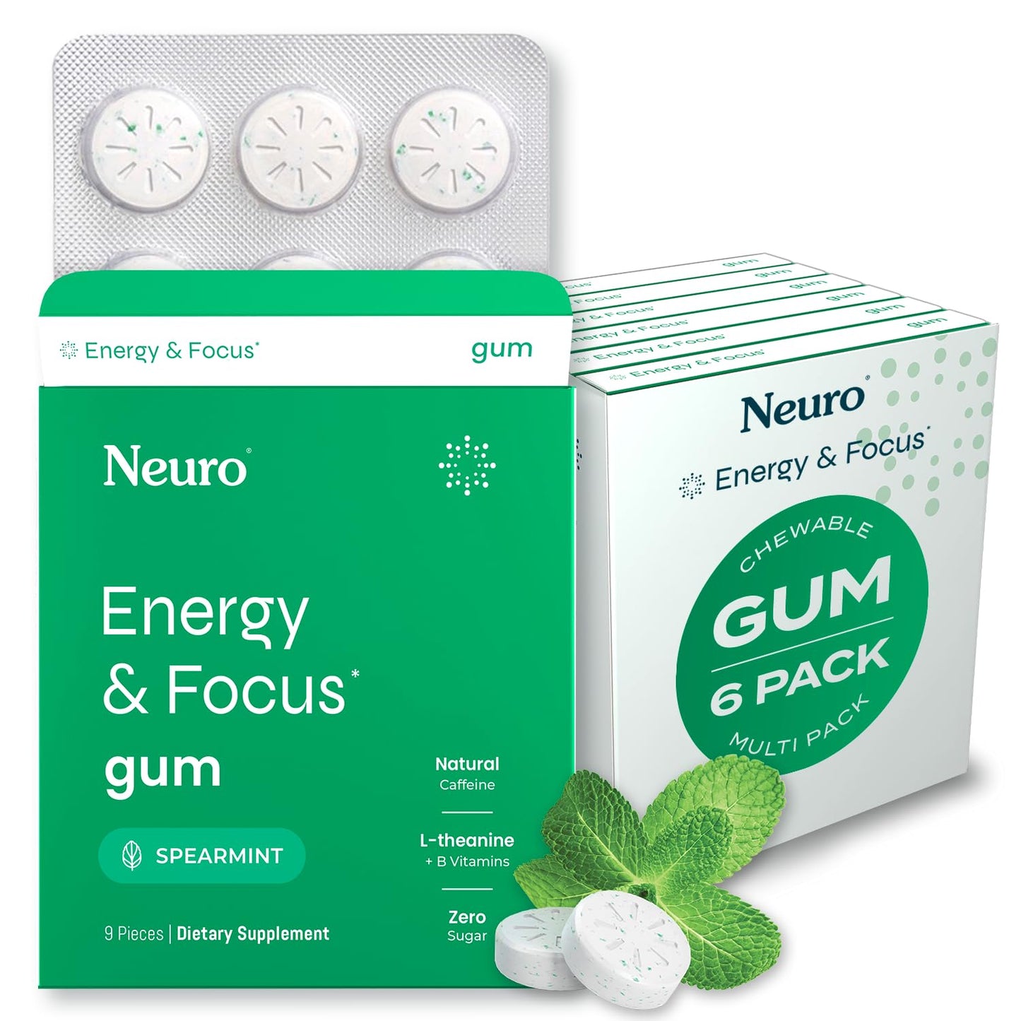 NeuroGum Energy & Focus Gum (Peppermint, 54 Pieces) | 40mg Natural Caffeine + L-Theanine + Vitamin B12 & B6 + Xylitol | Sugar Free Nootropic Cognitive Brain Performance Supplement