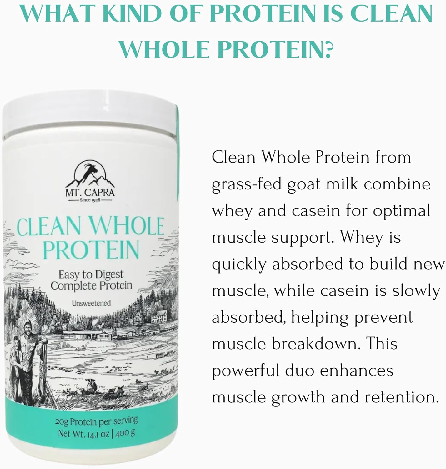 Mt. Capra Clean Whole Protein | Grass-Fed Goat Protein with Whey and Casein Protein | No Bloat, Build and Maintain Muscle, 20 g Protein per Serving, No Sweeteners | 13 Servings - 400 g - Nirvana Guru