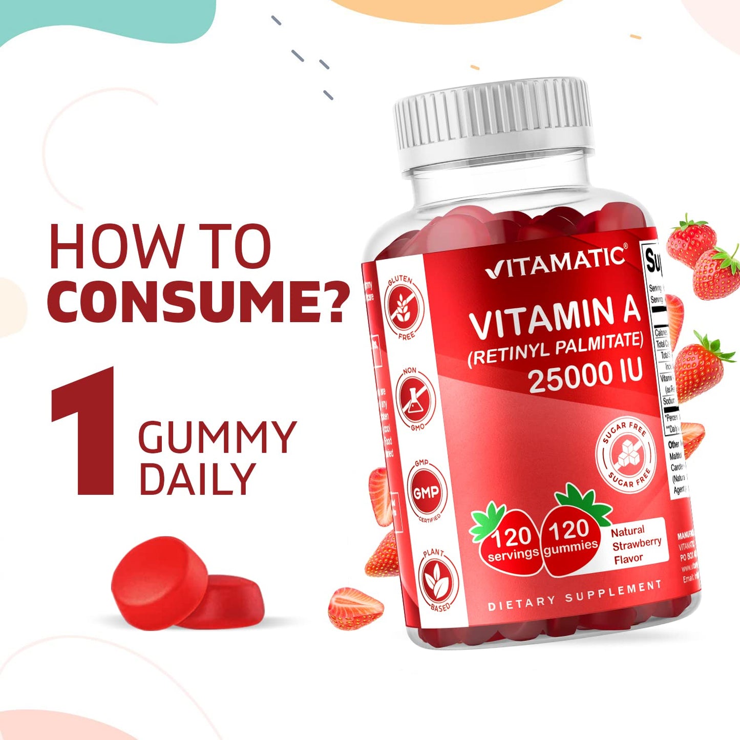 Vitamatic Sugar Free Vitamin A 25000 IU Gummies (Retinyl Palmitate) - Natural Strawberry Flavor - 120 Pectin Based Gummies (1 Bottle) Nirvana Guru