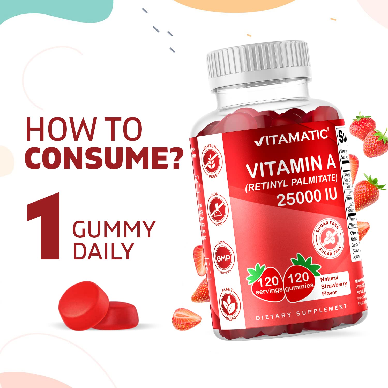 Vitamatic Sugar Free Vitamin A 25000 IU Gummies (Retinyl Palmitate) - Natural Strawberry Flavor - 120 Pectin Based Gummies (1 Bottle) Nirvana Guru