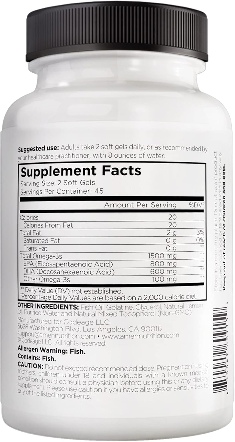 Amen Omega-3 Supplement - 1500mg High-Potency Daily Omega 3 - EPA and DHA Fatty Acids Fish Oil - 45-Day Supply - Fatty Acid Supplements - Fish Oil Pills - Non-GMO - 90 Soft Gels Capsules Nirvana Guru