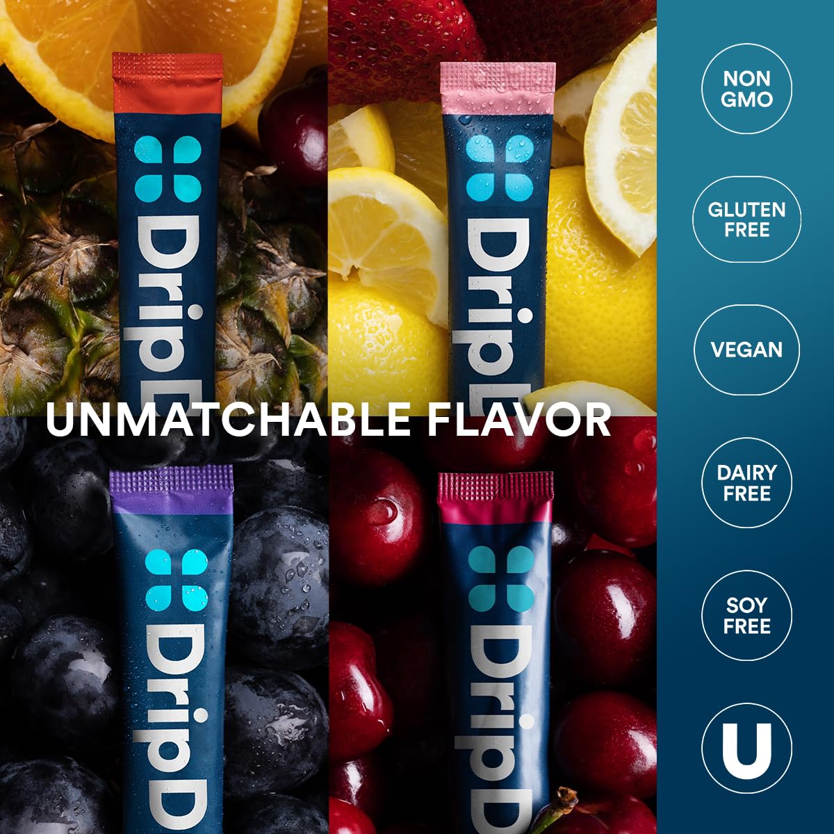 DripDrop Hydration Packets - Juicy Variety Pack - Single Serve Electrolytes Powder Drink Mix - Grape, Fruit Punch, Strawberry Lemonade, Cherry - Non-GMO, Gluten Free, Vegan - 16 Sticks - Nirvana Guru