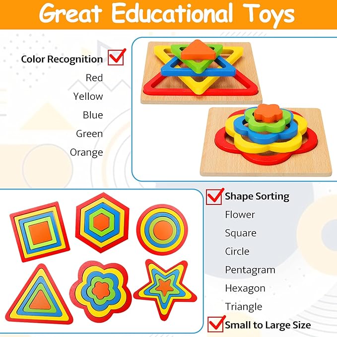 Toddler Puzzles Montessori Toy Wooden Shape Sorting Puzzle Sensory Toy Toddler Activities Preschool Learning Educational Autistic Developmental 1 2 3 Year Old Girl Boy 1-3 Dementia Game Easter Gift nirvanaguru
