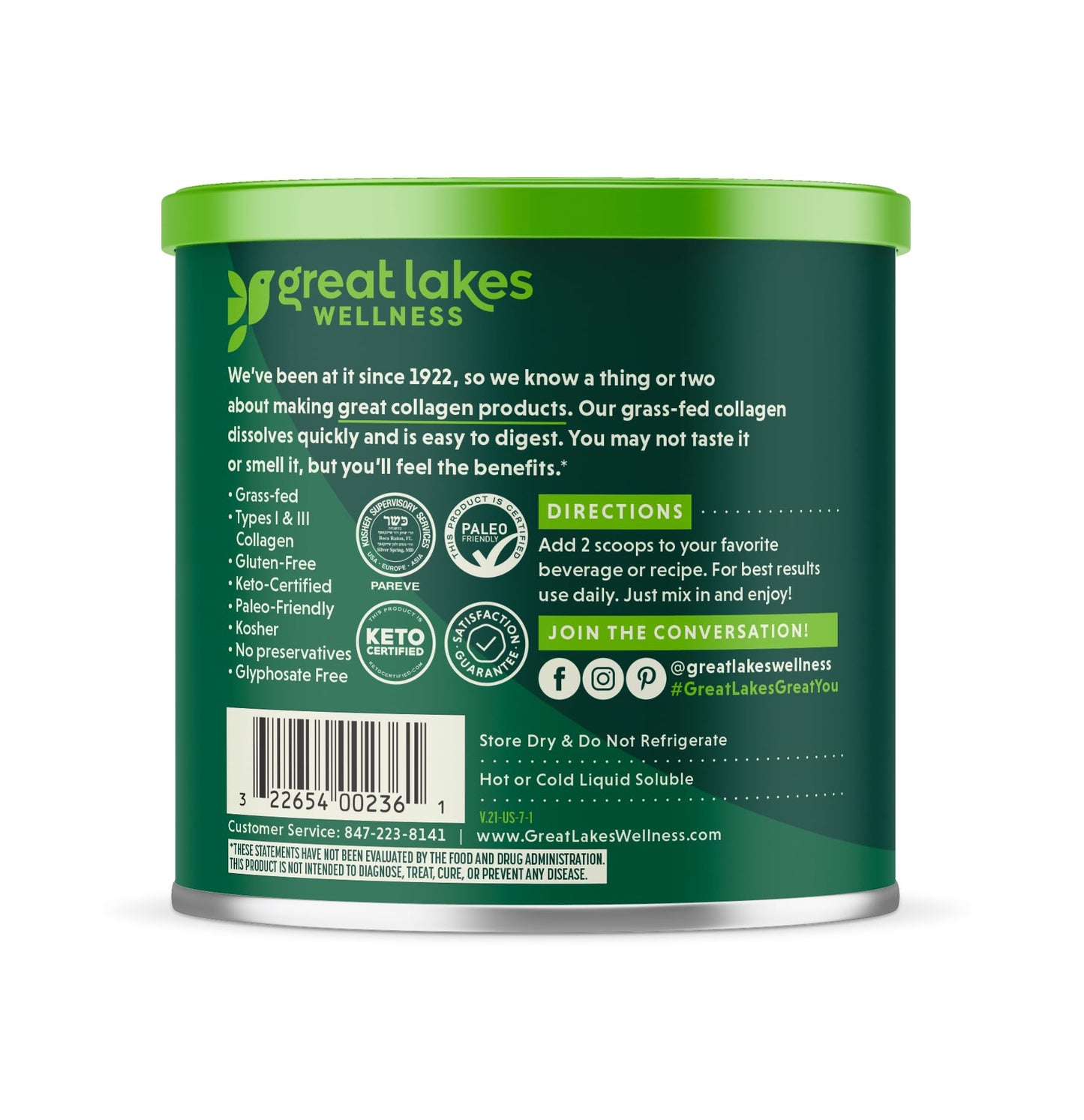 Great Lakes Wellness Collagen Peptides Powder for Skin, Hair, Nails, Joints & Digestion - Unflavored - Quick Dissolve Hydrolyzed, Non-GMO, Keto, Kosher - 16oz