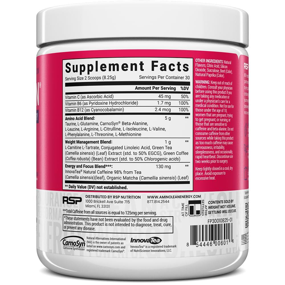 RSP NUTRITION AminoLean Pre Workout Powder, Amino Energy & Weight Management with Vegan BCAA Amino Acids, Natural Caffeine, Preworkout Boost for Men & Women, 30 Serv, Pink Lemonade… Nirvana Guru