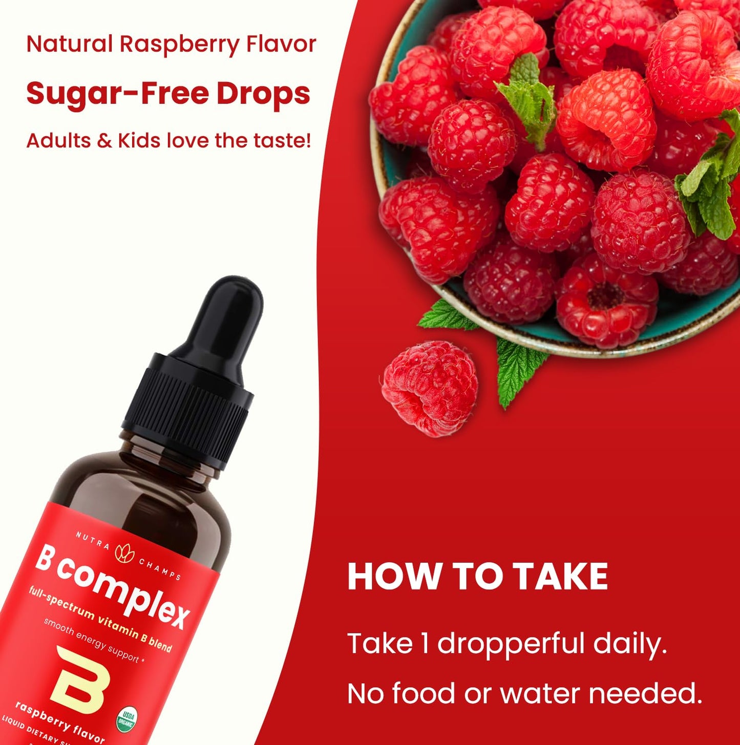 USDA Organic Vitamin B Complex Liquid Drops | B Vitamins Complex Supplement with B1, B2, B3, B6, B7, B9 & Methyl B12 Drops for Adults & Kids | Vegan Berry Flavor 2oz | 60 Servings / 2 Month Supply Nirvana Guru