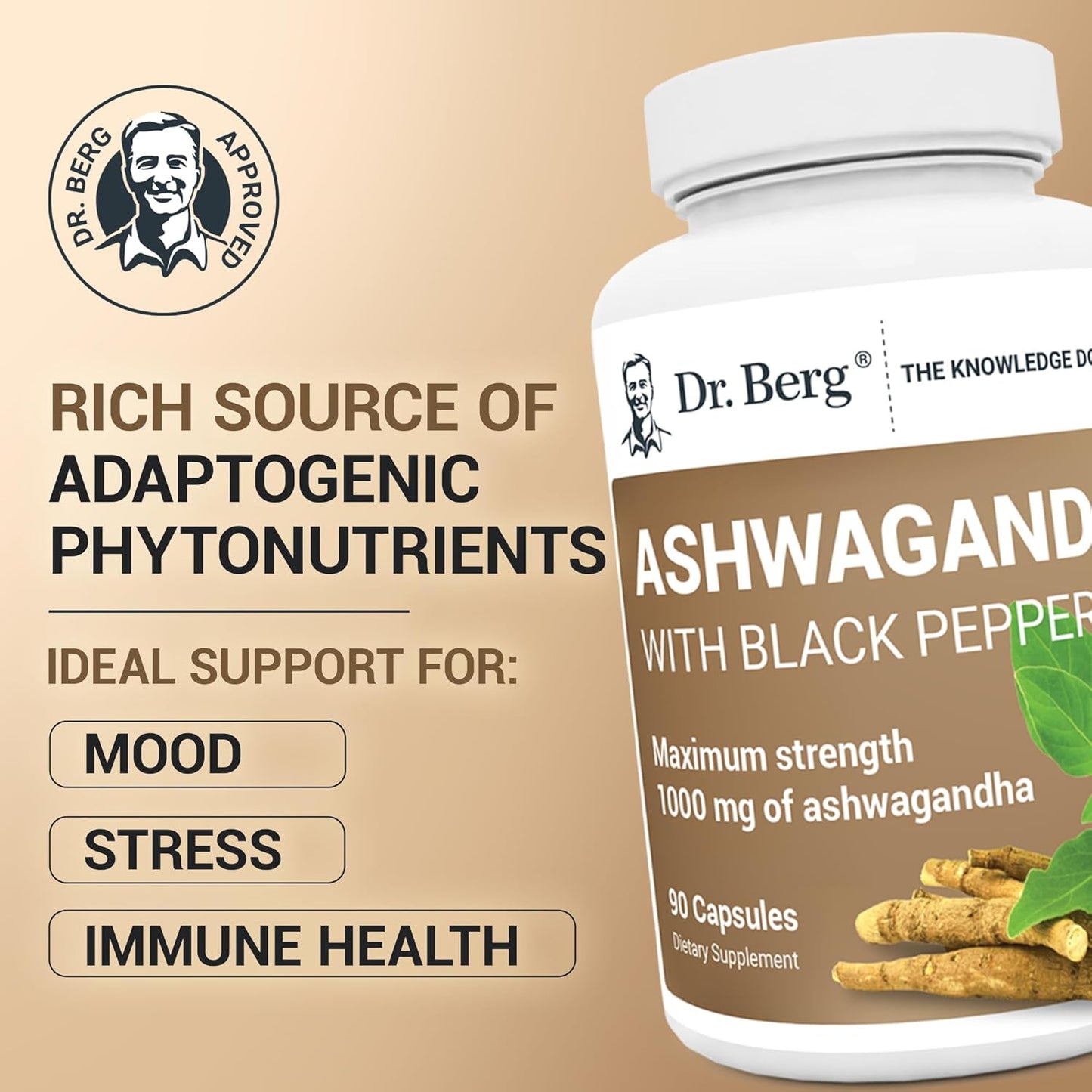 Dr. Berg Ashwagandha Capsules 1000mg - Includes Ashwagandha Root with Black Pepper from Bioperine - Ashwagandha Supplements 90 Capsules - Nirvana Guru