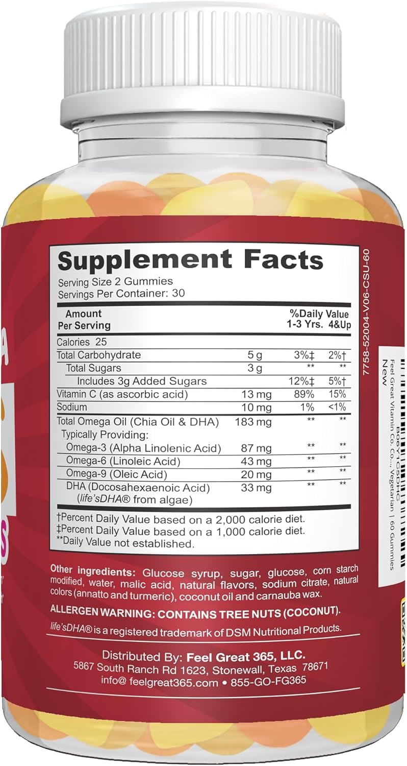 Feel Great Vitamin Co. Complete DHA Gummies for Kids | with Omega 3 6 9 + DHA, Vitamin C | Supports Healthy Brain Function, Vision & Heart Health | Gluten Free, Vegetarian | 60 Gummies Nirvana Guru