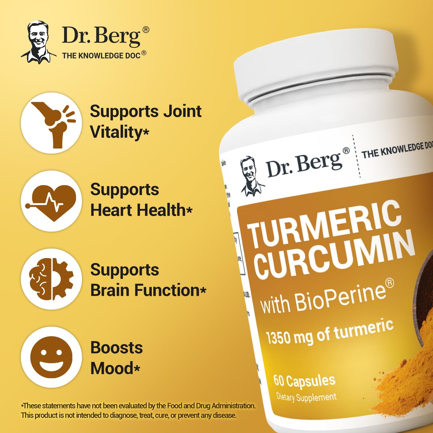 Dr. Berg (Only 2 Per Day) Turmeric Supplement with Black Pepper (BioPerine) - 1350 mg Turmeric Curcumin Supplement with 95% Curcuminoids ā Turmeric Curcumin with Black Pepper ā 60 Turmeric Capsules - Nirvana Guru