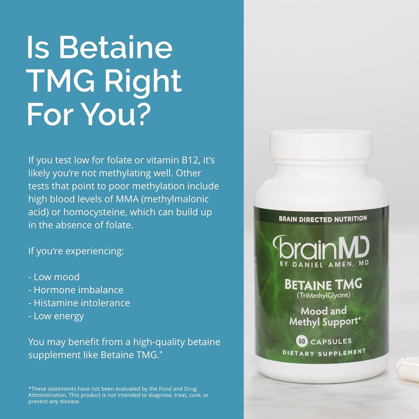 Dr Amen BrainMD Betaine TMG - 60 Capsules - Mood & Methyl Support - Gluten Free - 30 Servings Nirvana Guru