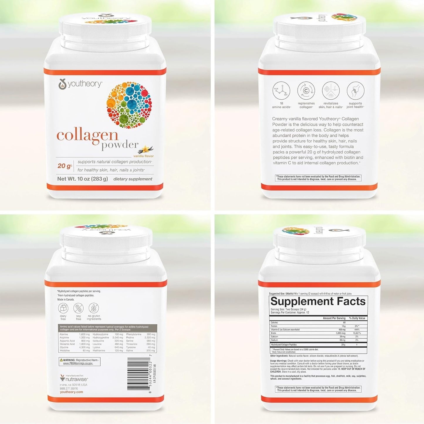 Youtheory Collagen Powder - Premium Collagen Supplement with Vitamin C & Biotin - Healthy Hair, Nails, Skin & Joints* - Hydrolyzed & Highly Absorbable - Dairy & Gluten Free - Unflavored - 10 oz - Nirvana Guru
