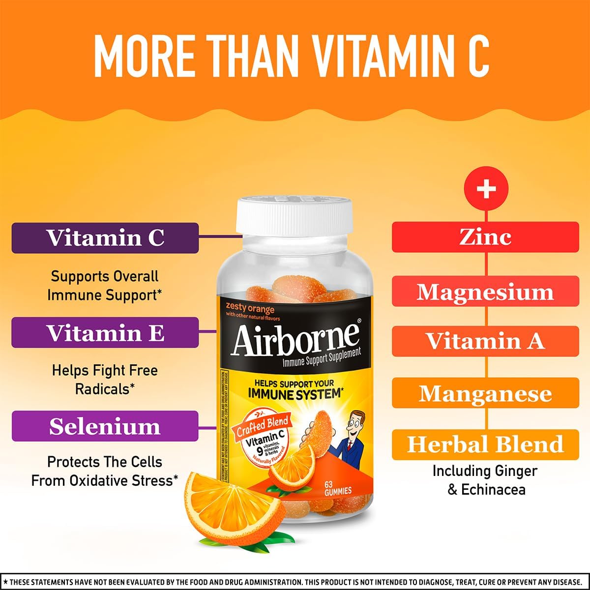 Airborne 750mg Vitamin C Immune Support Supplement Gummies for Adults, Zesty Orange Flavor, Gluten Free Crafted Blend with Powerful Antioxidants Vitamins A C & E, 63 Gummies (6 Pack) Nirvana Guru