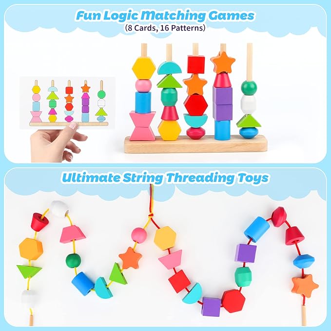 Montessori Wooden Beads Sequencing Toy Set, Stacking Blocks & Lacing Beads & Matching Shape Stacker for 2 3 4 5 Year Old STEM Preschool Learning Montessori Toys Gifts for Kids Boy Girl Toddler nirvanaguru