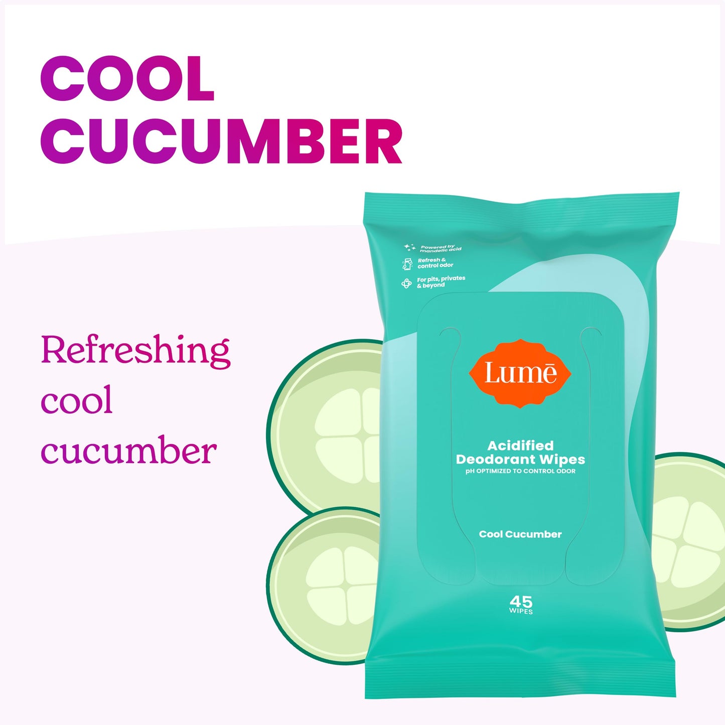 Lume Acidified Deodorant Wipes - 24 Hour Odor Control - Aluminum Free, Baking Soda Free, Skin Loving - 15 Count (Pack of 3) (Cool Cucumber) Nirvana Guru