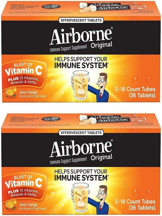 Airborne 1000mg Vitamin C + Zinc Sugar Free Multivitamin Immune Support Effervescent Fizzy Drink Tablets, Zesty Orange Flavor with Powerful Antioxidants Vitamins A C & E, 30 Tablets (3 Pack) Nirvana Guru
