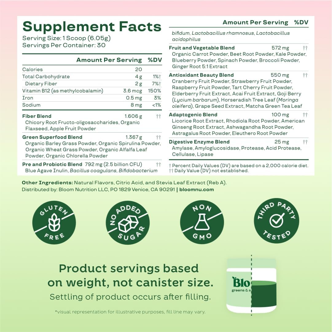 Bloom Nutrition Greens and Superfoods Powder for Digestive Health, Greens Powder, Digestive Enzymes, Probiotics, Spirulina, Chlorella for Bloating & Gut Support, Green Juice, 30 SVG, Strawberry Kiwi
