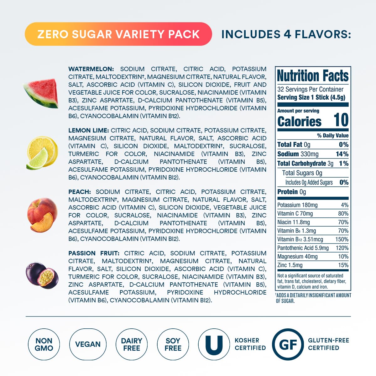 DripDrop Sugar Free Hydration Packets - Zero Classic Variety Pack - Single Serve Electrolytes Powder Drink Mix - Lemon Lime, Watermelon, Peach, Passion Fruit - Non-GMO, Gluten Free, Vegan - 32 Sticks