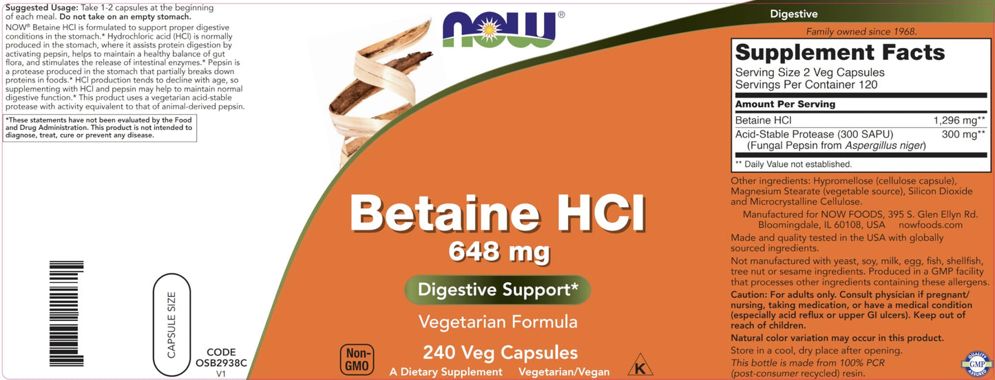 NOW Foods Supplements, Betaine HCl 648 mg, Vegetarian Formula, Digestive Support*, 120 Veg Capsules - Nirvana Guru