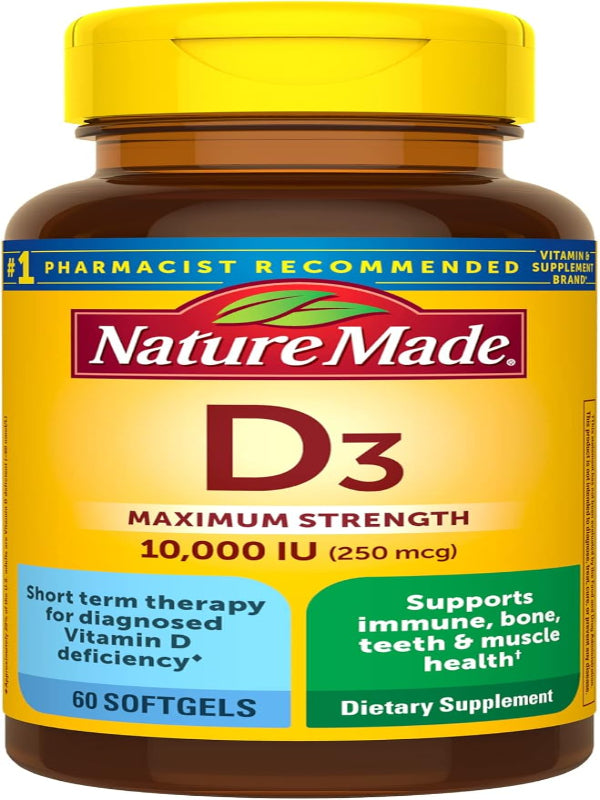 Nature Made Maximum Strength Vitamin D3 10000 IU (250 mcg), Dietary Supplement for Bone, Teeth, Muscle and Immune Health Support, 60 Softgels, 60 Day Supply - Nirvana Guru