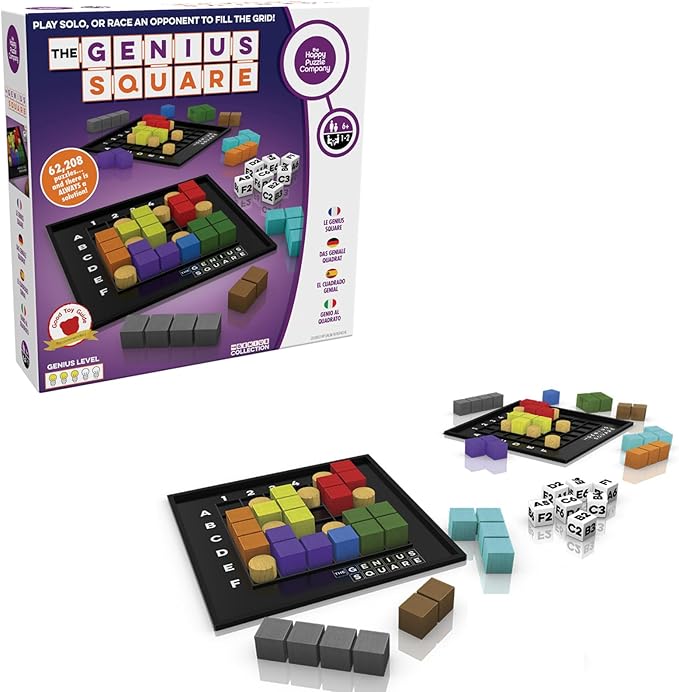 The Genius Square from The Happy Puzzle Company – Game of The Year Award Winner, 60000+ Solutions STEM Puzzle Game. Roll Dice, Race Your Opponent to Fill Grid with Different Shapes! Nirvana Guru