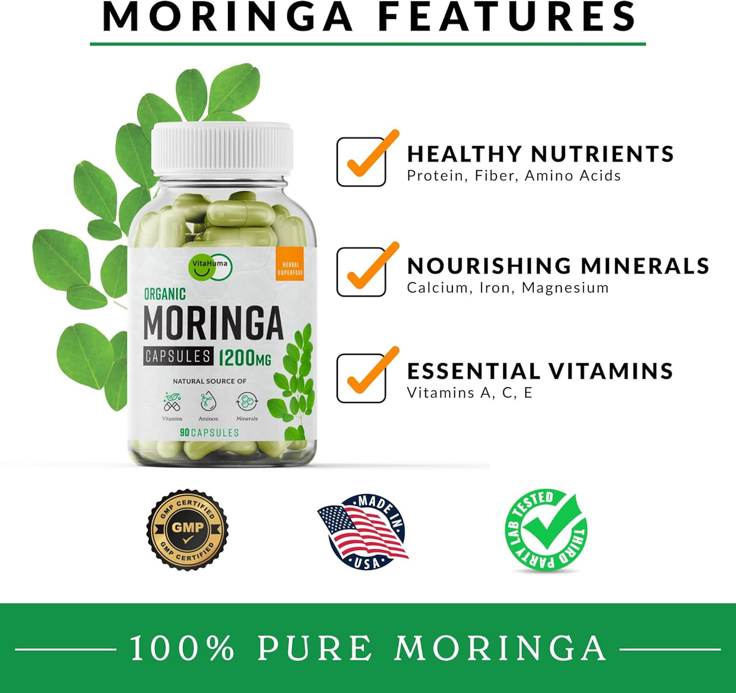 Organic Moringa, Nutrient-Dense Antioxidant Support with Vitamin C, A, E, Calcium, Potassium, Iron, Magnesium, Protein & Amino Acids for Hydration & Energy, Vegan, 1200 MG Per Serving, 90 CT