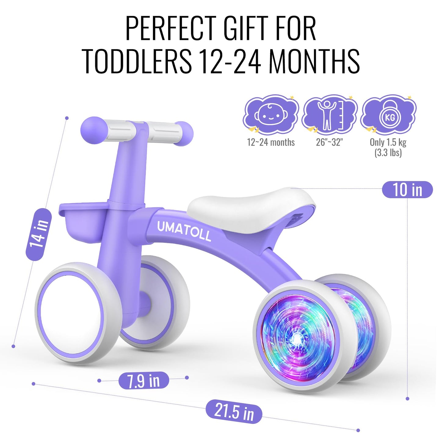 Umatoll Colorful Lighting Baby Balance Bike Toys for 1 Year Old Girls Gifts, Adjustable Seat, 1st Birthday Gifts, 12-24 Months Toddler Bike, Pink Nirvana Guru