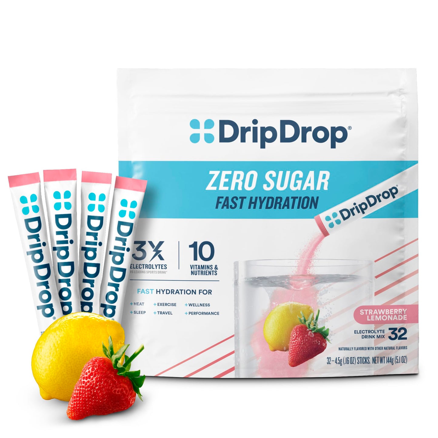 DripDrop Sugar Free Hydration Packets - Zero Classic Variety Pack - Single Serve Electrolytes Powder Drink Mix - Lemon Lime, Watermelon, Peach, Passion Fruit - Non-GMO, Gluten Free, Vegan - 32 Sticks