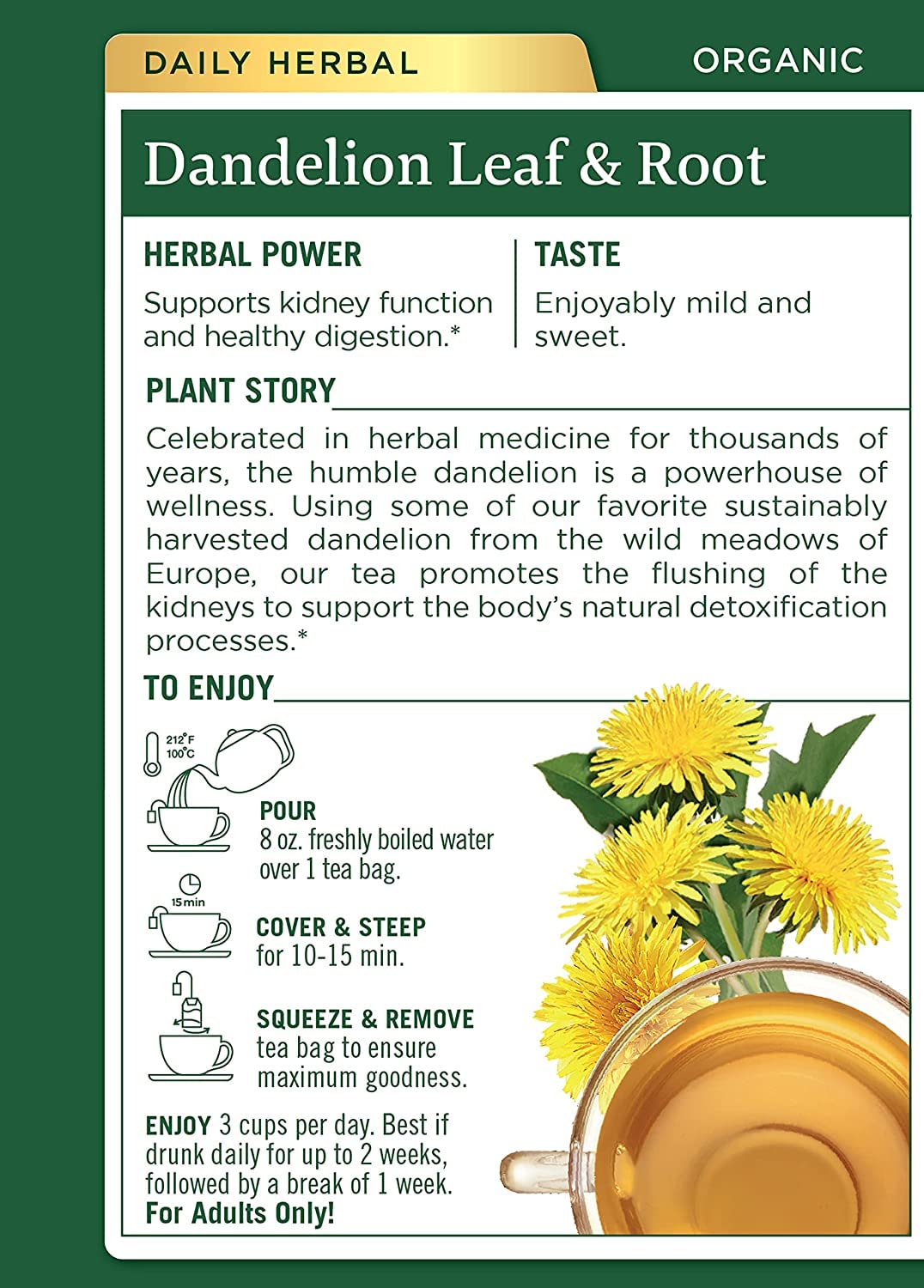 Traditional Medicinals Tea, Organic Dandelion Leaf & Root, Supports Kidney Function & Healthy Digestion, 16 Tea Bags - Nirvana Guru