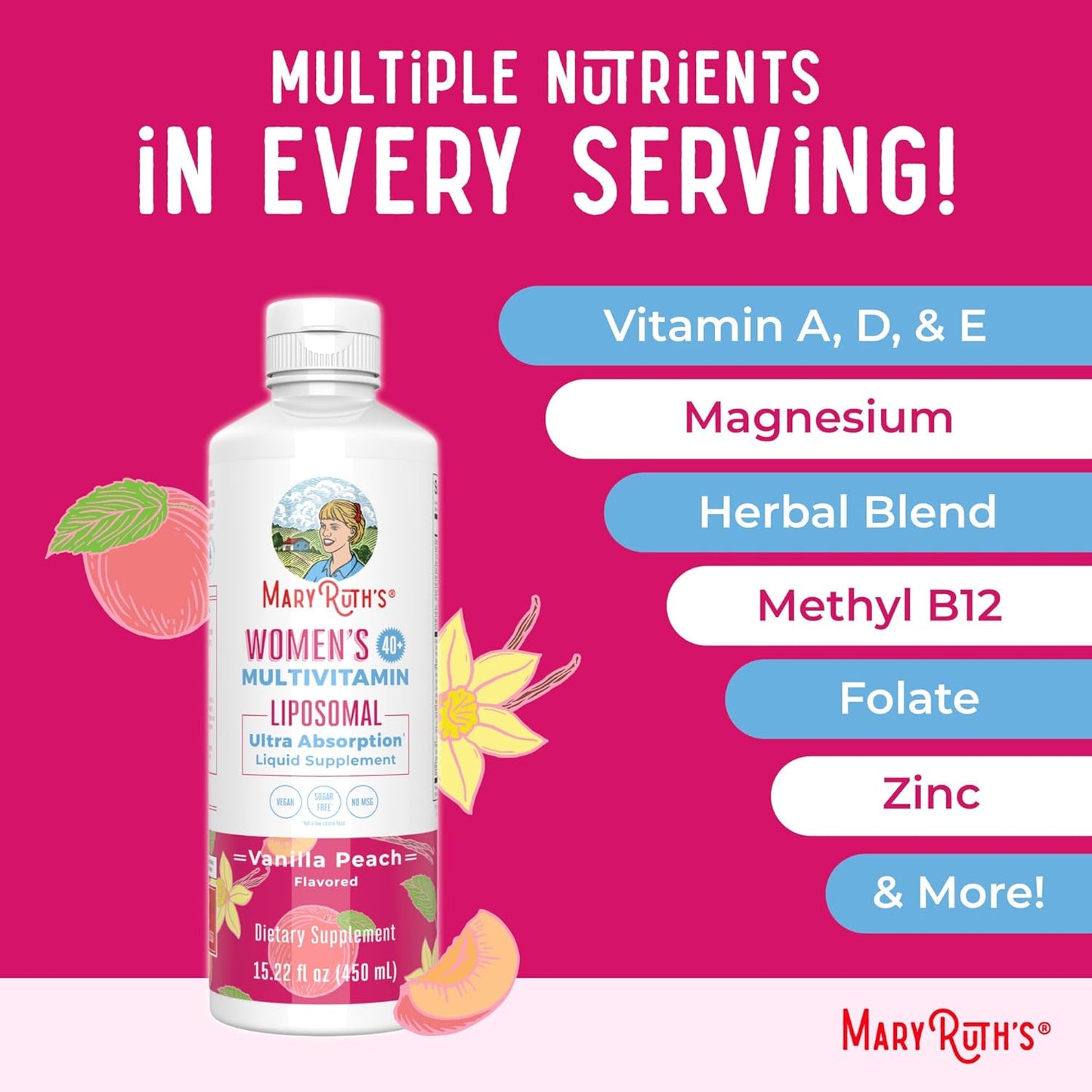 MaryRuth Organics Multivitamin for Women 40+, Womens Multivitamin Liposomal, Immune Support Supplement, Energy Supplements & Sleep Aid, Vegan, Sugar Free, Non-GMO, 15.22 Fl Oz - Nirvana Guru