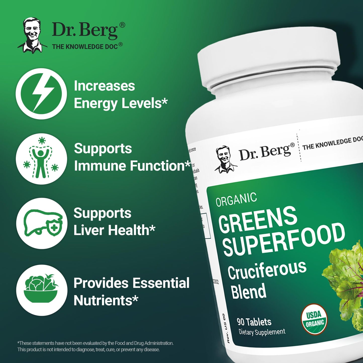 Dr. Berg's Greens Superfood Cruciferous Vegetable Tablets - Vegetable Supplements for Adults w/ 11 Phytonutrient Super Greens Tablets - Energy, Immune System & Liver Veggie Tablets - 90 Tablets - Nirvana Guru