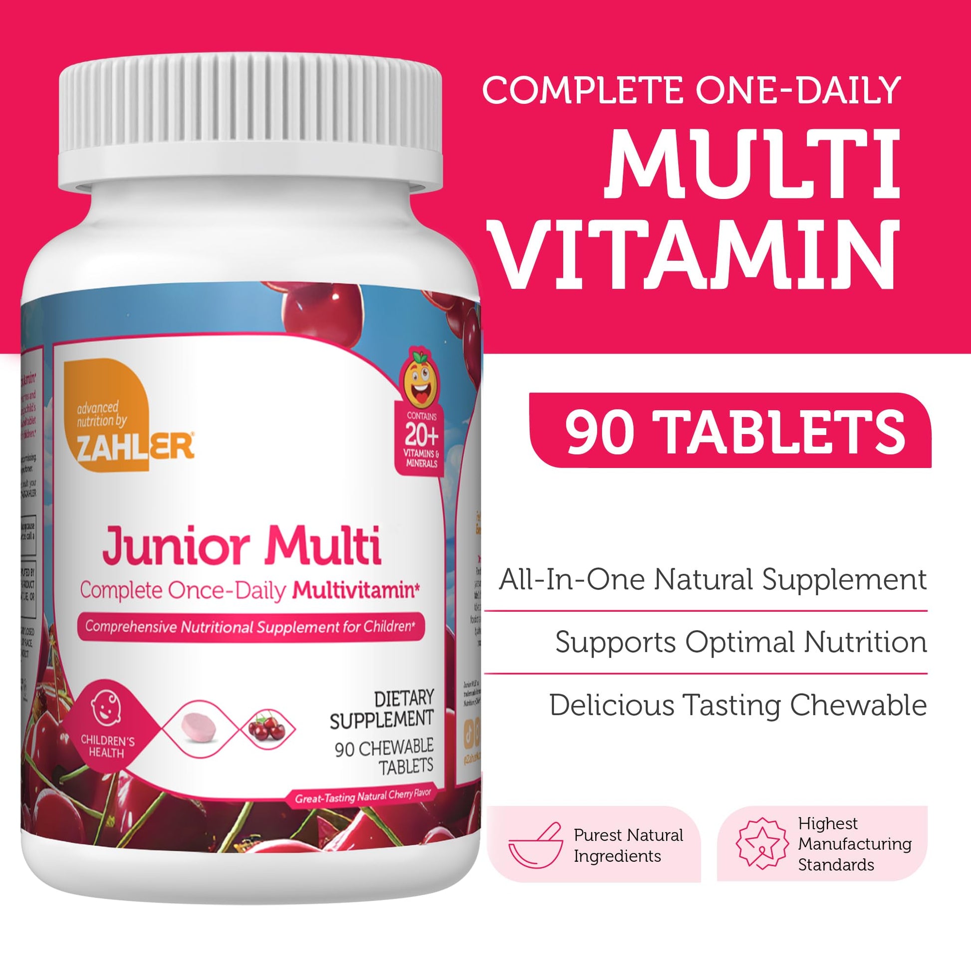 Zahler Kids Multivitamin Chewable Vitamin Tablet - Complete One Daily Kids Vitamins Supplement - Contains 20+ Minerals & Vitamins for Kids & Toddlers - Kosher Multivitamins Cherry Flavor (90) - Nirvana Guru